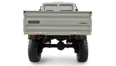 Heckansicht des Amewi Mercedes-Benz Unimog Basic 4WD hellgrau RC Trucks